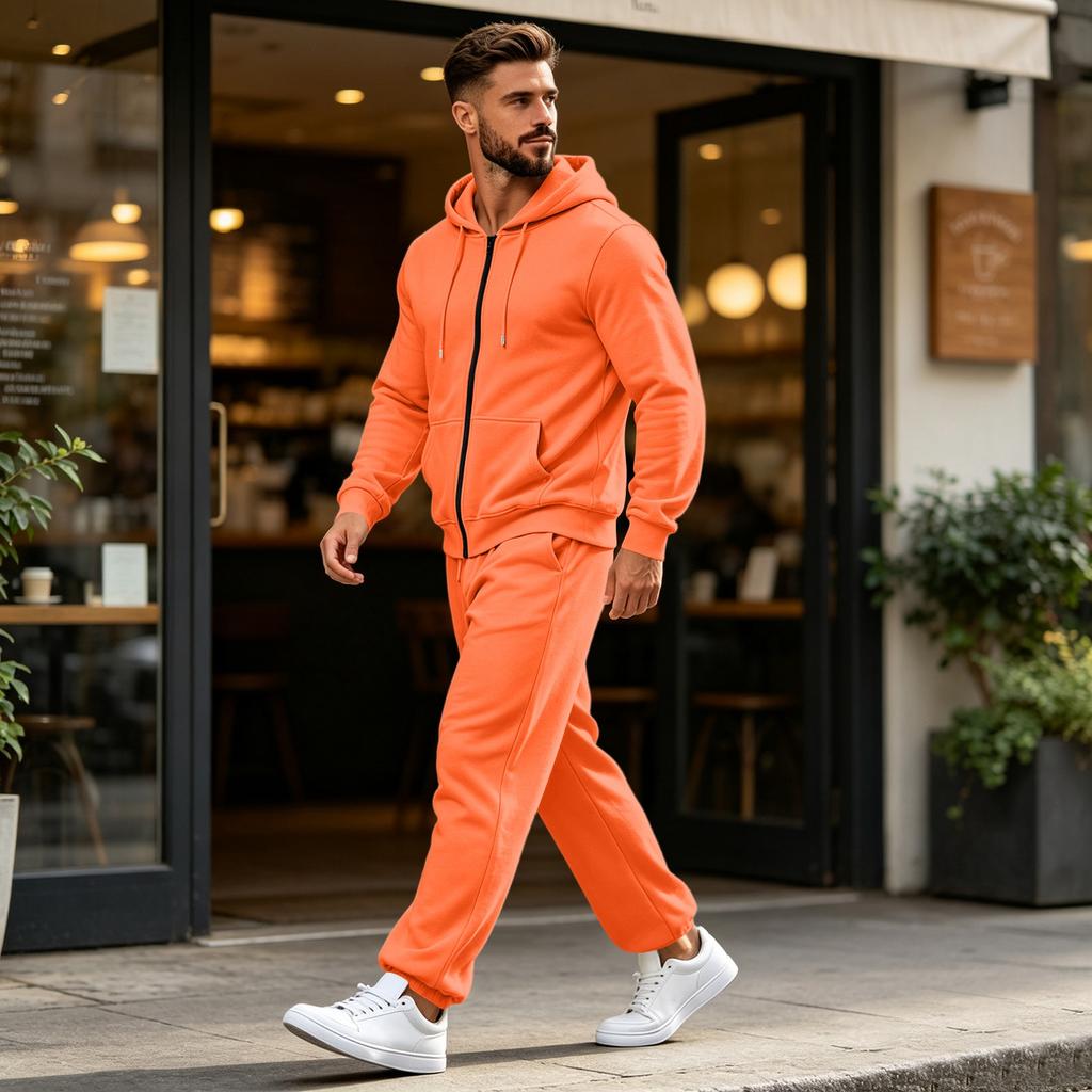 Men's Zip-Up Hoodie and Jogger Set with Multiple Pockets for Activewear