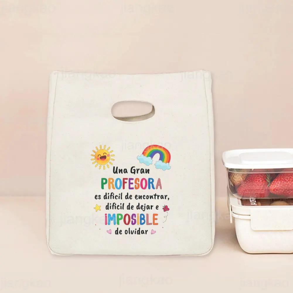 Spanish Printed Portable Lunch Bags Thermal Insulated Bag Teacher Life Picnic Foods Cooler Storage Pouch Thanks Gift for Teacher