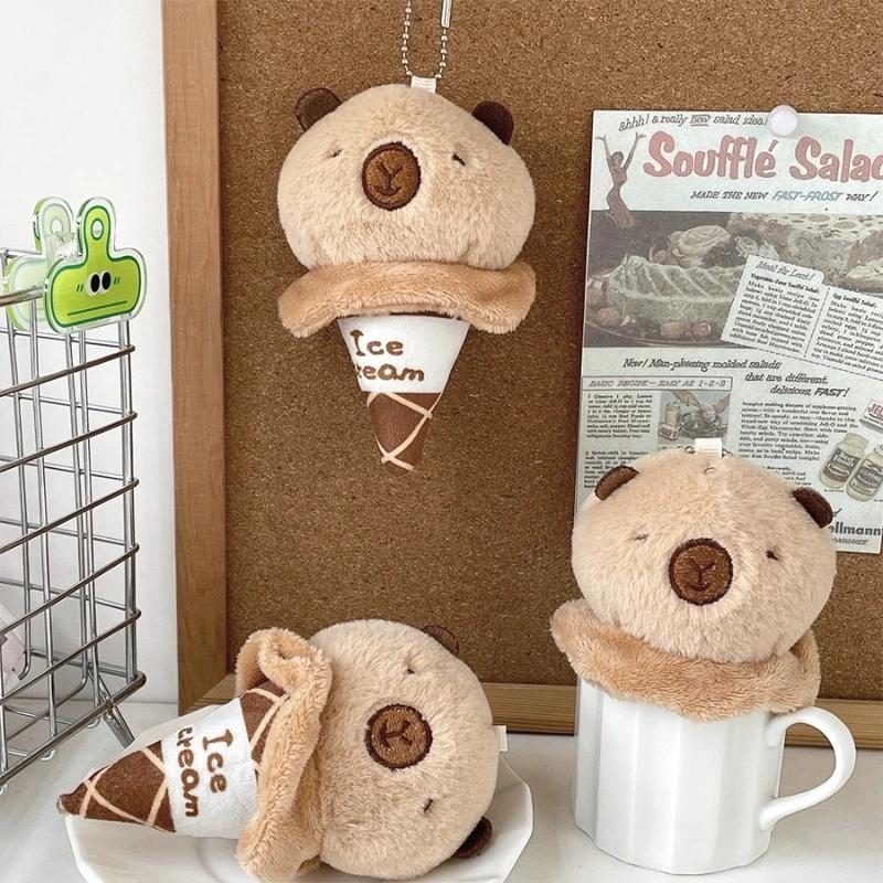 11cm Adorable Cotton Capybara Plush Stuffed Animal Doll Cute Ice Cream Cone Keychain Backpack Charm Party Gift for Kids