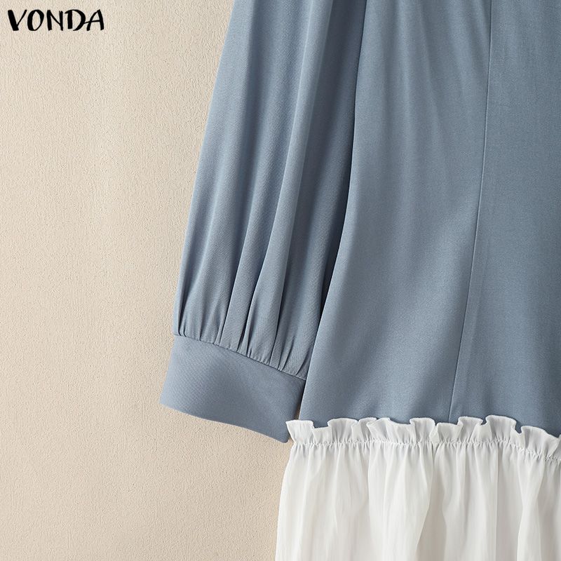 VONDA Women Casual Round Neck Puff Sleeve Patchwork Ruffled Hem Mini Dress