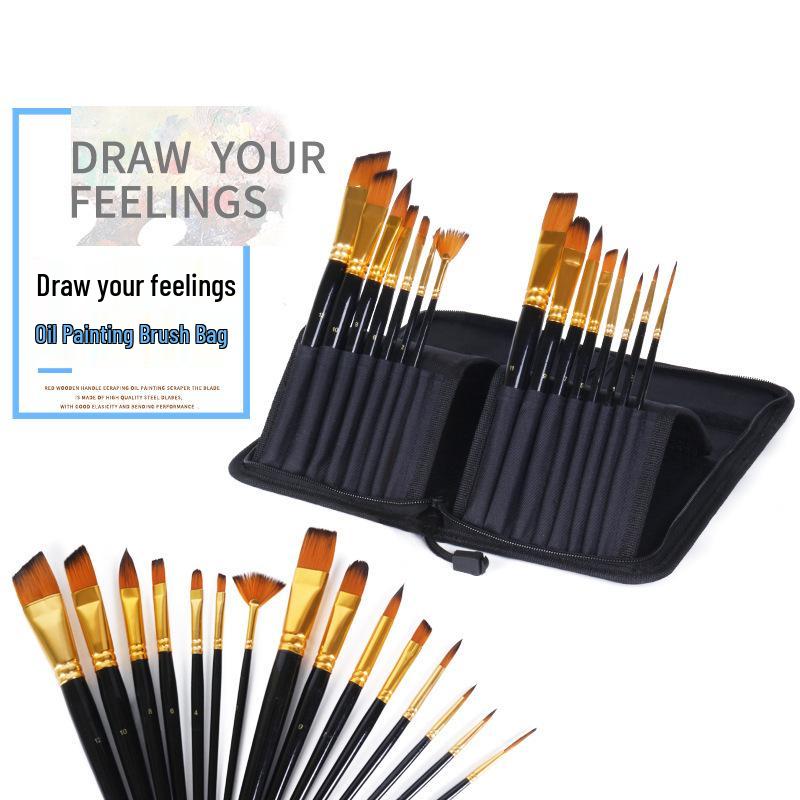 15-Piece Nylon Bristle Paint Brush Set with Canvas Bag for Oil, Gouache, Acrylic, and Watercolor Black