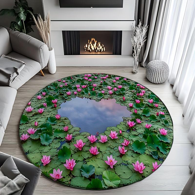 

Blooming Pink Lotus Pattern Round Flannel Rug, Meditation Yoga Mat for Indoor Living Room Decor, Portable Floor Cushion Diameter 60cm
