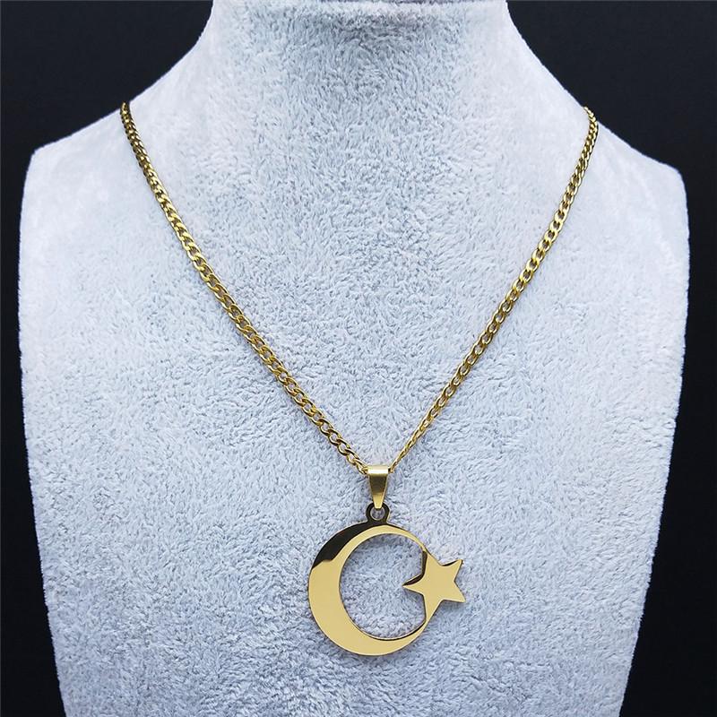 Muslim Islamic Crescent Moon Star Stainless Steel Chain Necklaces for Women Gold Color Pendant Necklace Amulet Jewelry Gift
