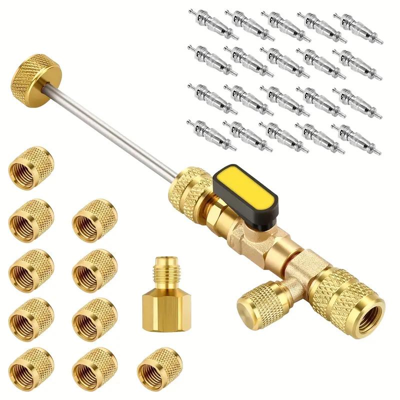 Valve Core Remover Installer Tool Kit with Dual Size 1/4 & 5/16 Port for with R22 R12 R407 R410 R404 R32 R600 HVAC System