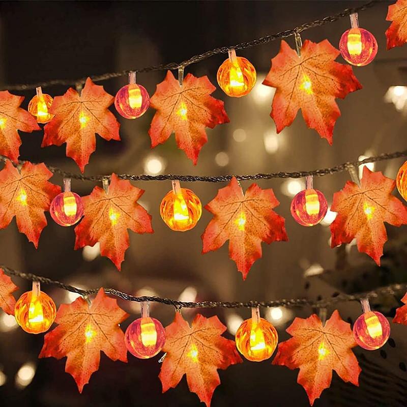 Artificial Autumn Maple Leaves Pumpkin Garland LED Fairy String Light Christmas Thanksgiving Decoration DIY Halloween Party Home