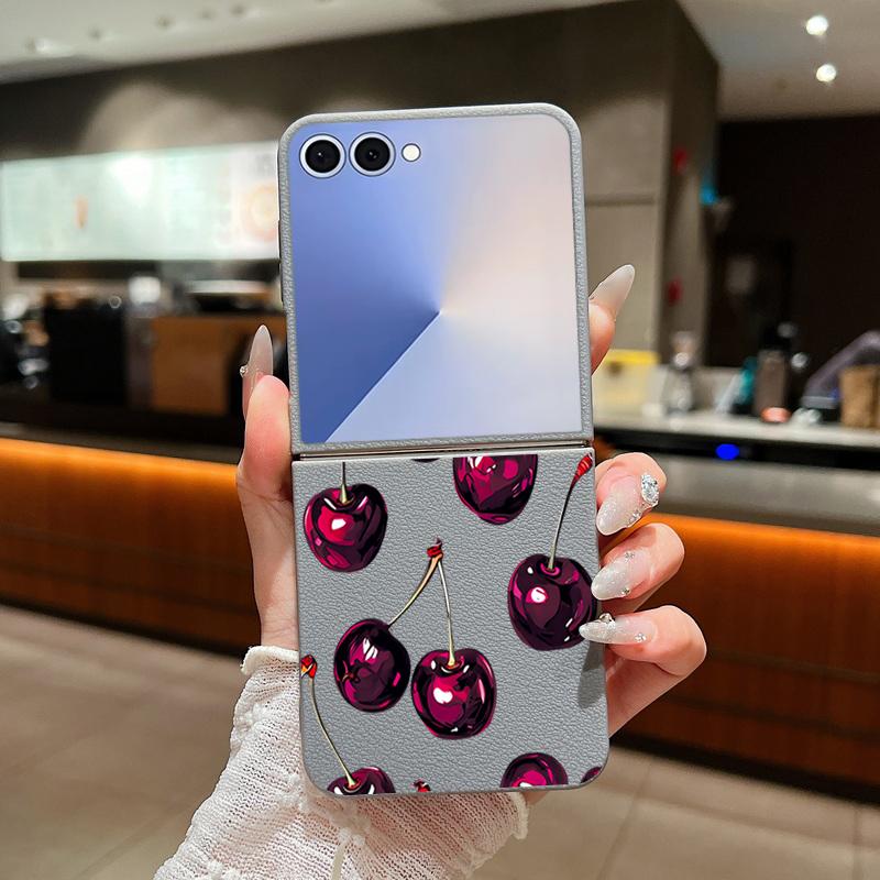 Z Flip 7 Case Retro Oil Painting Style Cherry Pattern Leather Texture Folding Fhone Cover For Samsung Galaxy Z Flip 7 6 5 4 Flip7 Flip6 Flip5