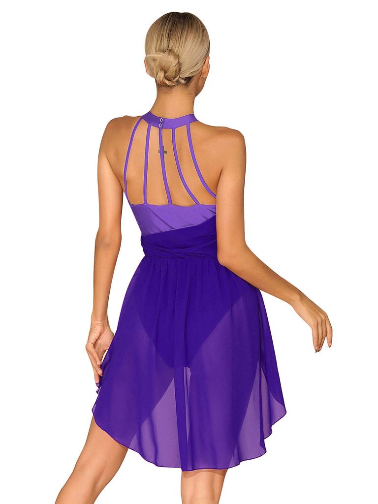 Costume de danse de gymnastique en mousseline de soie pour femmes, robe de danse lyrique, Costume contemporain moderne, col licou, vêtements de danse en mousseline de soie