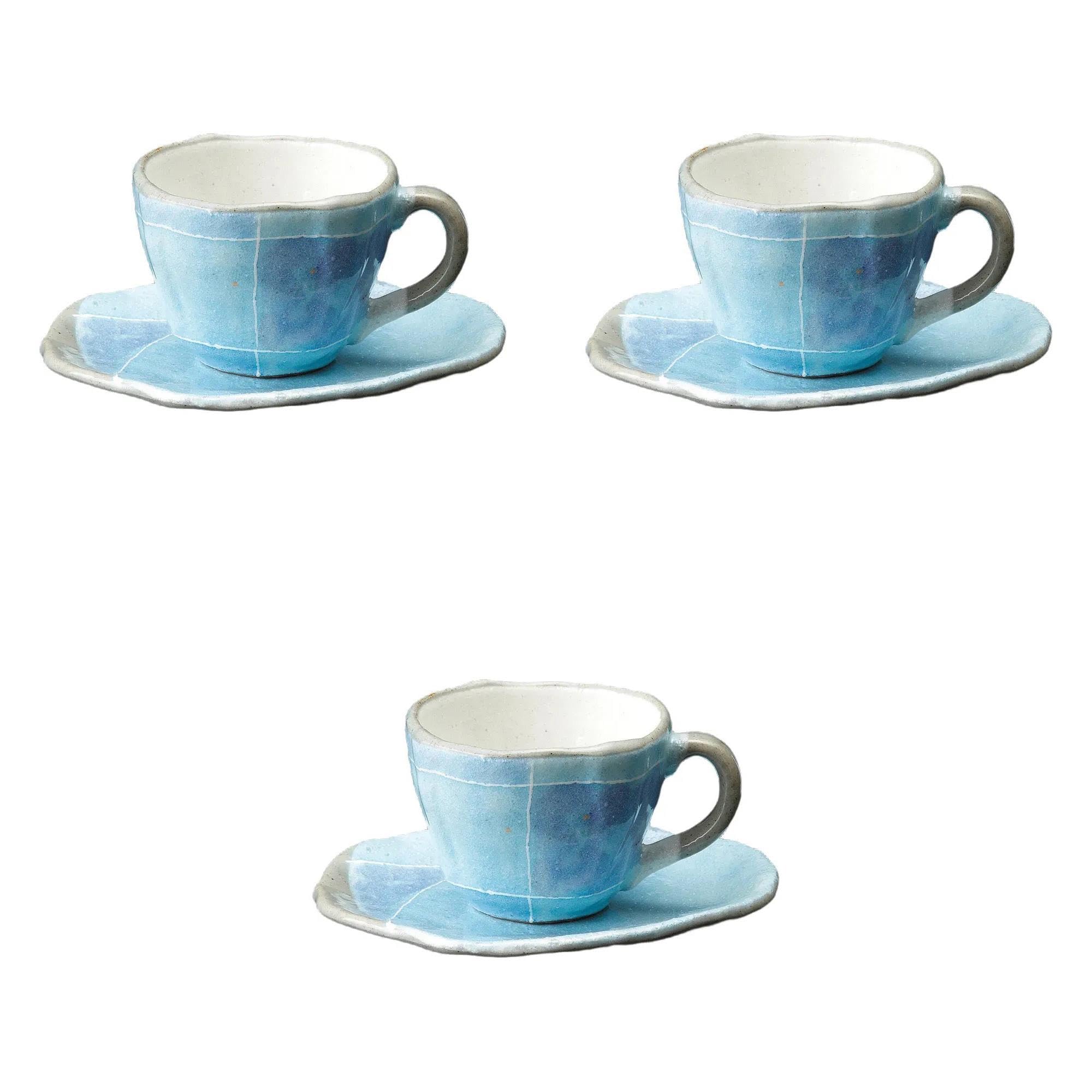

Set of 3 Blue Tokusa Tatara Coffee Cups x x cm Ceramic Cups Saucers by Setomonohonpo [10.2 8.2 5.9 (190cc)] & синий