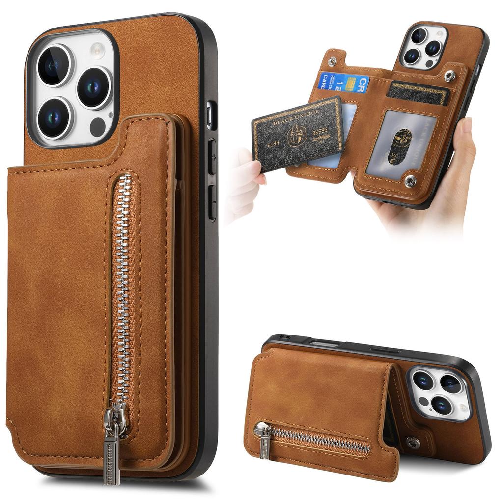 For iPhone 16 Pro Case Magnetic Detachable Zipper Card Holder Leather+TPU Phone Cover