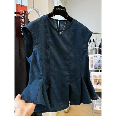 Damen marineblaues Leinen Peplum Top ärmellos Rundhalsausschnitt Rüschensaum lässige Bluse