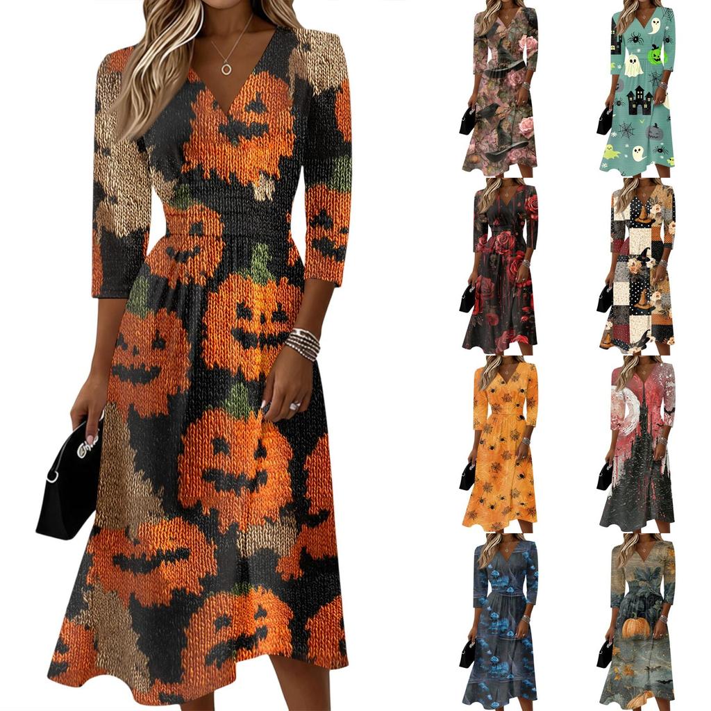 Women's Casual V Neck Midi Dress with Three Quarter Sleeves and Back Zipper Floral Print Lightweight Fabric for Everyday Wear