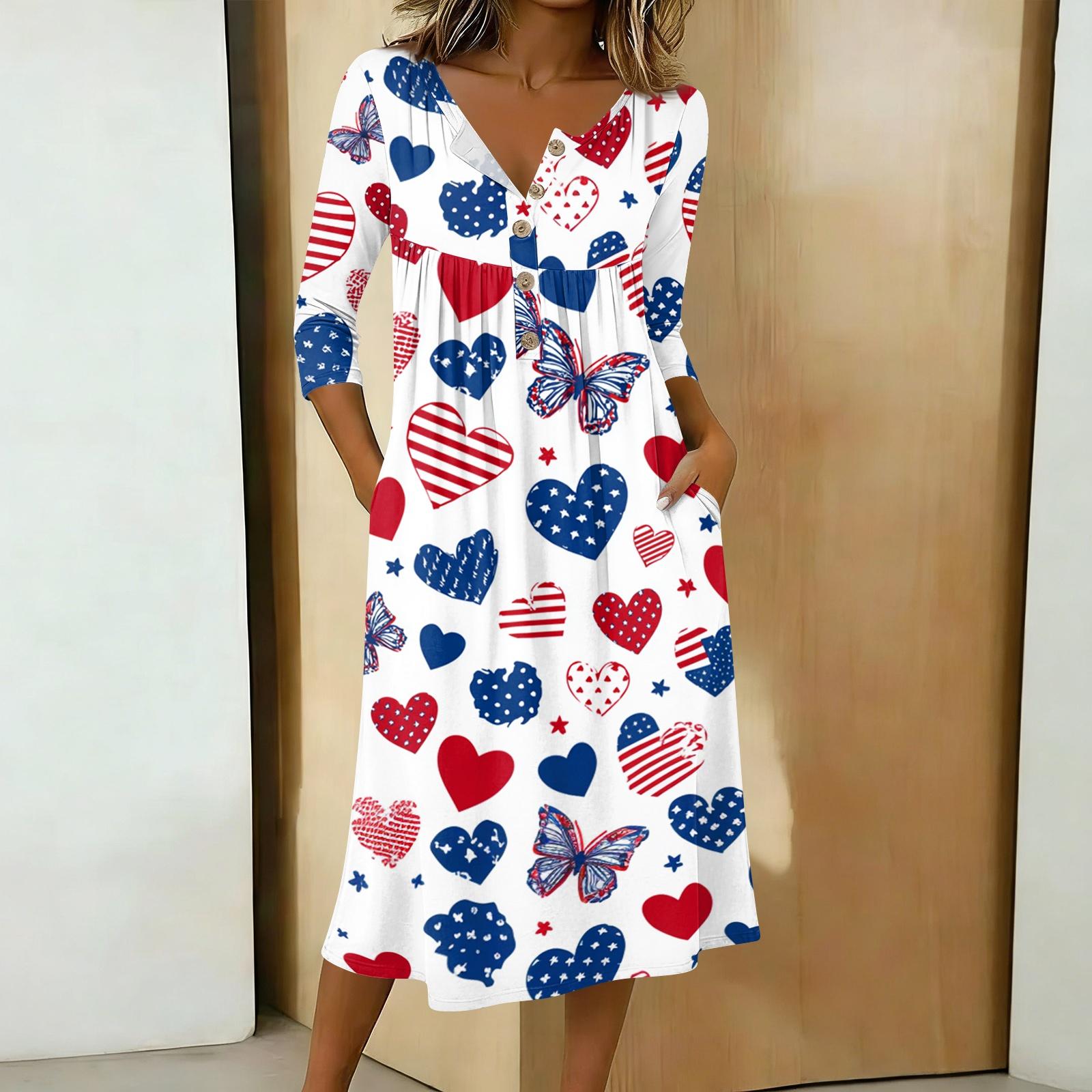 

Women 3/4 Sleeve Button Front Casual Midi Dress Independence Day Printed Loose Fit Long Dress S