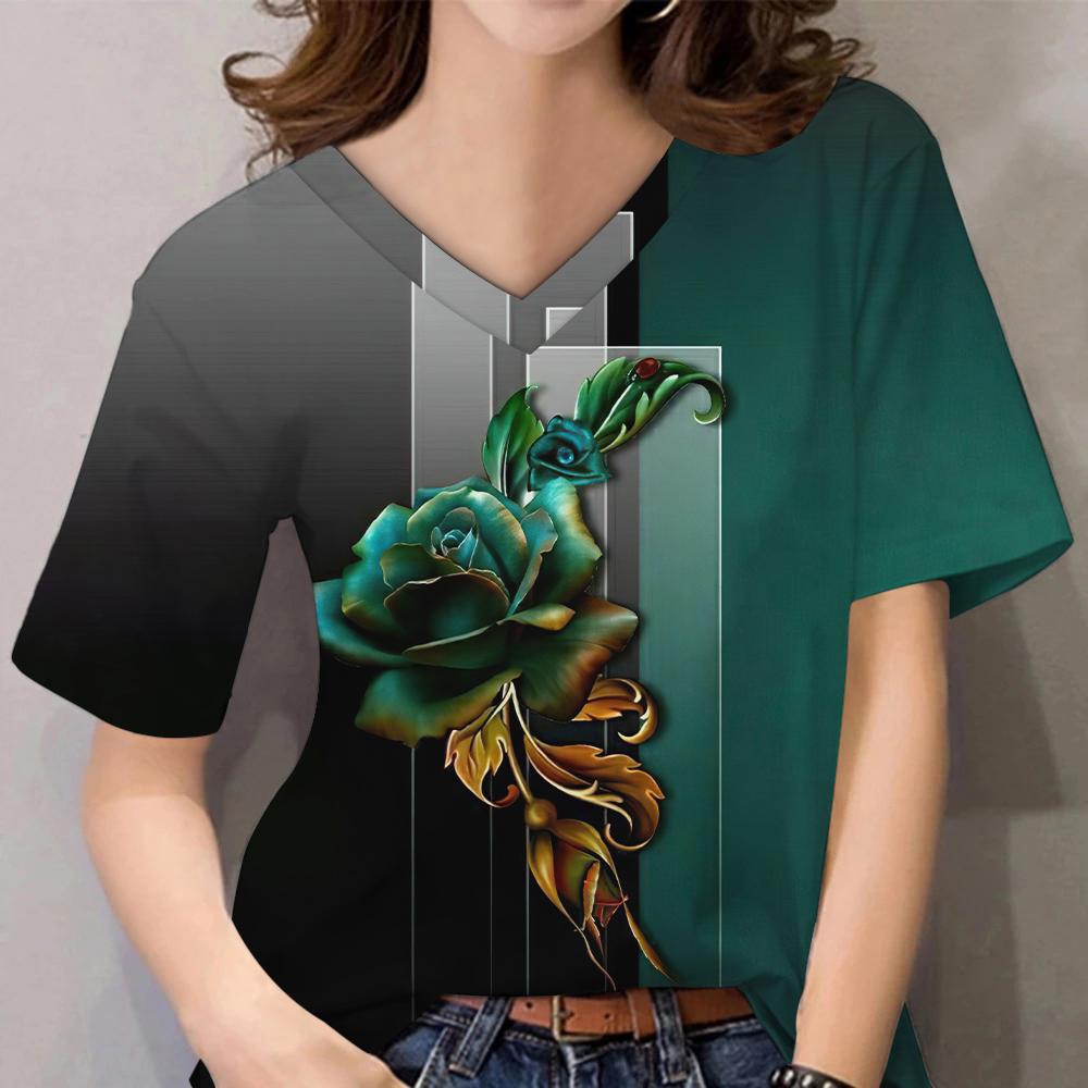 3D Floral Print Women Short Sleeve Tops V Neck Summer Lovers Couples T Shirt