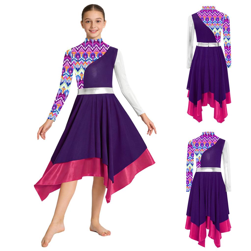 Girls Liturgical Dance Costume Mock Neck Long Sleeve Invisible Back Zipper Metallic Patchwork Color Block Stylish Print Irregular Hem Dress for Church