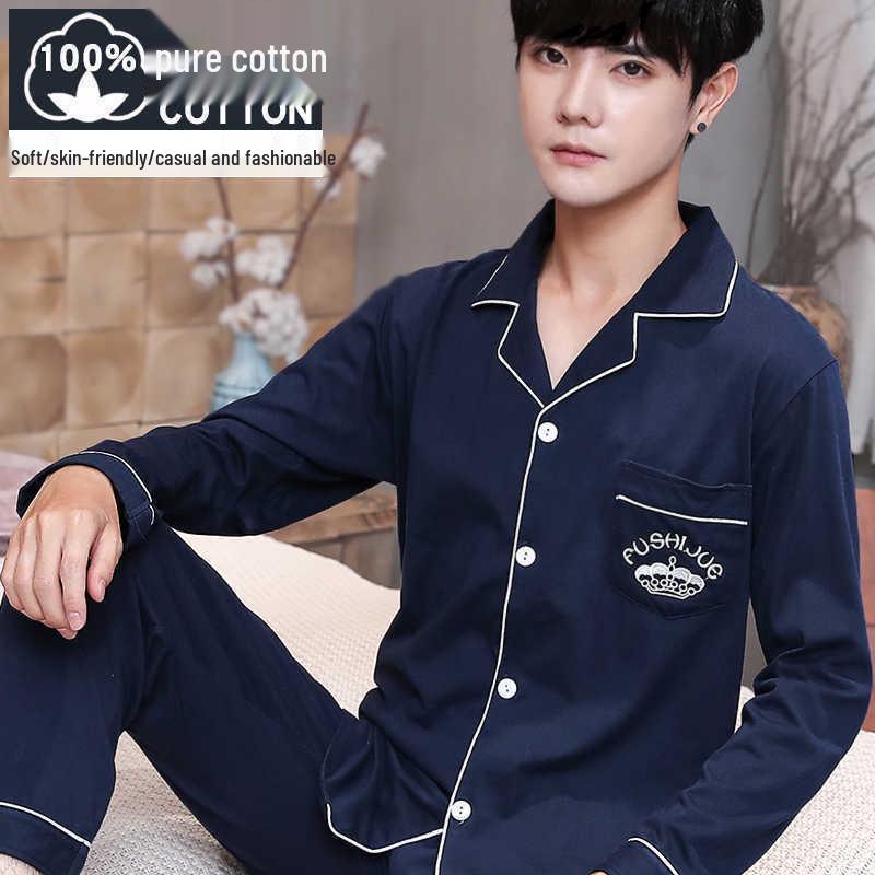 Men's 100% Cotton Long Sleeve and Pants Pajama Set - Plus Size, Spring/Autumn, Loose Fit, Two-Piece Home Wear