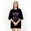 Oversized T-Shirt Black Cat Graphic Print With AHOTERO NEW YORK Text Casual Streetwear Style For Women