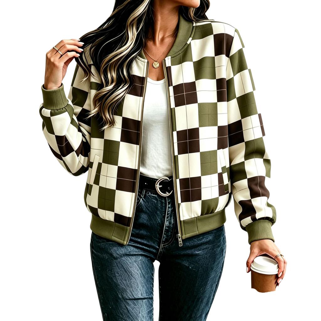 Women's Loose Casual Zip-Up Jacket Vintage Plaid Outerwear for Fall Winter Everyday Wear