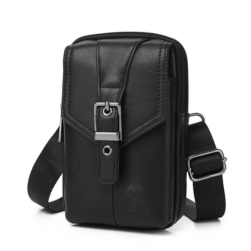 Men's genuine leather small shoulder crossbody phone bag with anti-theft multifunctional buckle