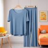Couple's Ice Silk Pajamas Set: Men's Thin Sleep Pants & Women's Ribbed Short Sleeve Top for Spring/Summer.