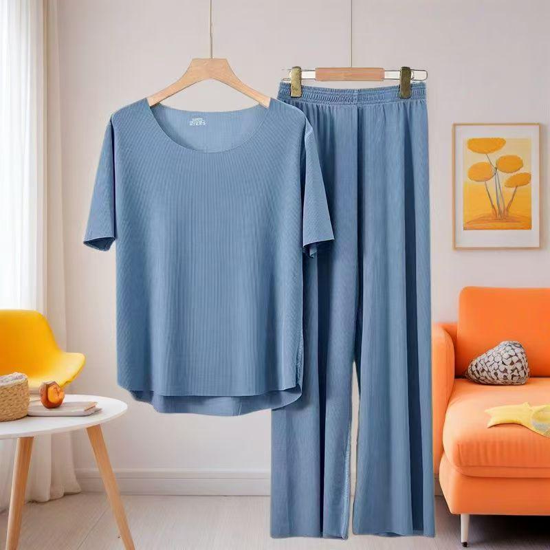 Couple's Ice Silk Pajamas Set: Men's Thin Sleep Pants & Women's Ribbed Short Sleeve Top for Spring/Summer.
