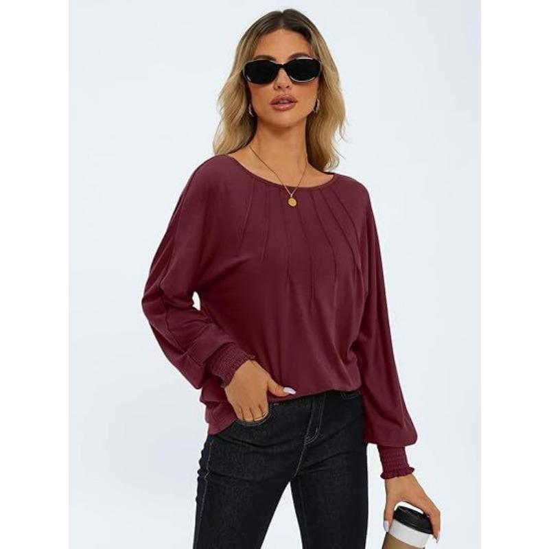 Autumn and Winter Women's Blouse Round Neck Pleated Long Sleeve Casual Tops