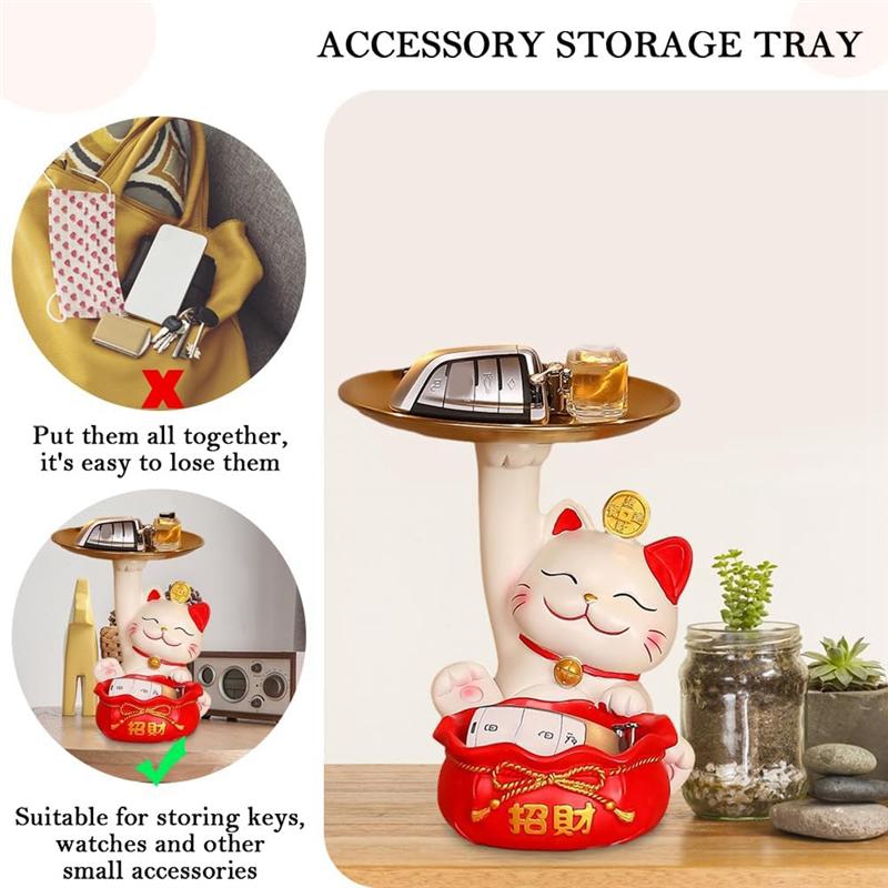 ABJJ Fortune Cat Statue, Creatives Cute Fortune Cat Tray, Resin Fortune Cat Statue With Dish, Fortune Cat Key Storage Tray Durab