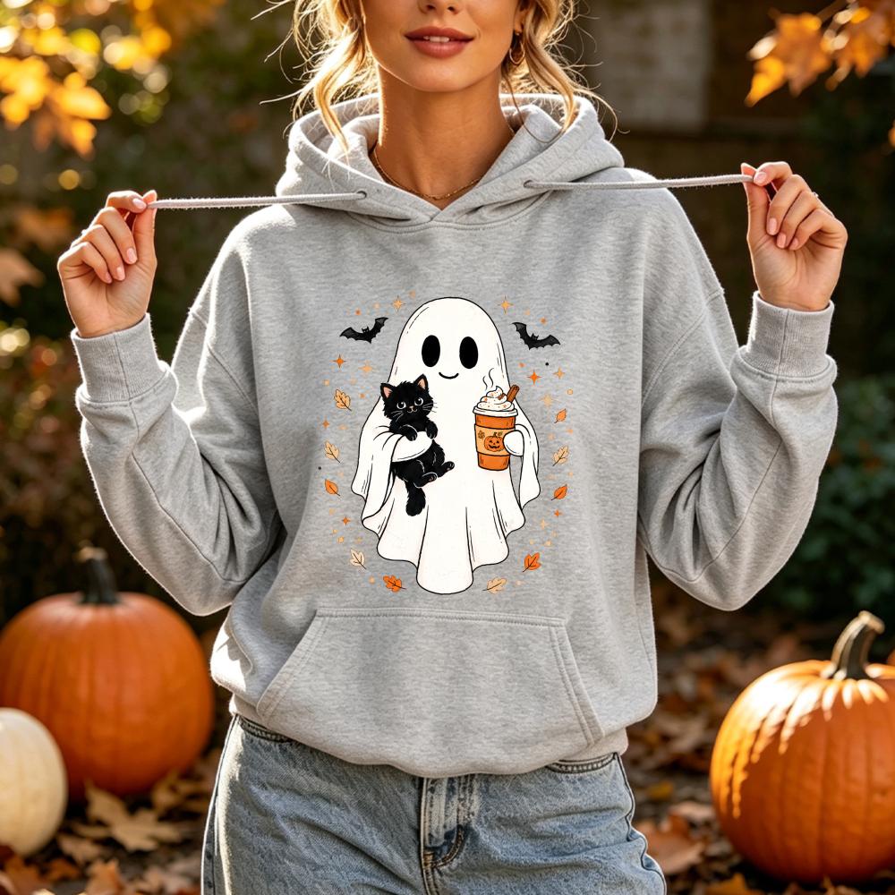 Cute Ghost Black Cat Sweatshirt Spooky Halloween Pumpkin Coffee Print Pullover Fall Winter Casual Long Sleeves Tops Unisex