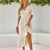 European and American Casual Temperament Large Size Women's Clothing Summer New V-neck Lotus Leaf Sleeves Solid Color Dress Women