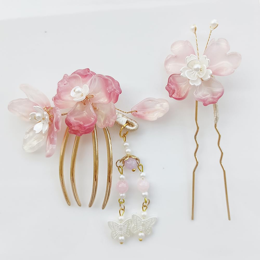 Hair Ornament Set with Flower and Butterfly Stylish Kanzashi Hairpin for Entrance Hanfu 2-Piece Design, U-Pin, Kimono, Yukata, Graduation, Ceremony,