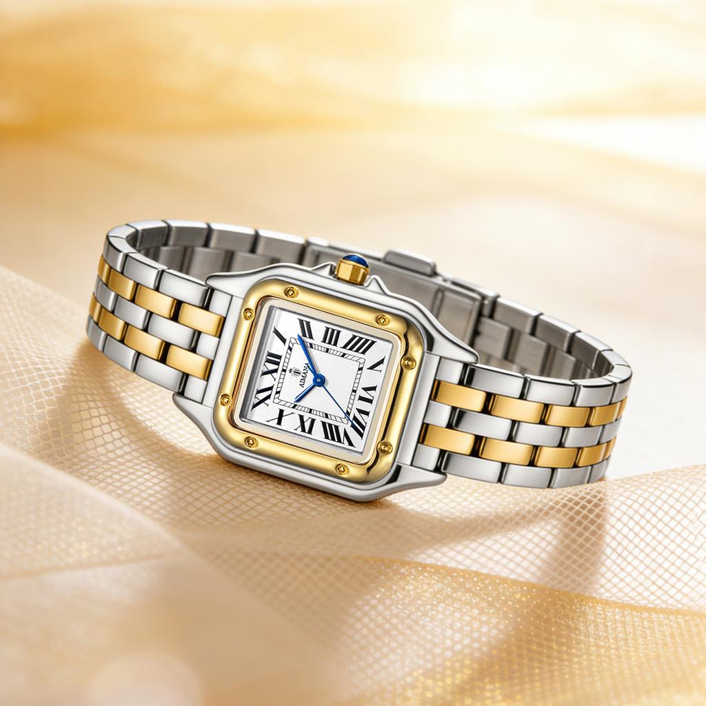 AIMANA Elegant Ladies Two-Tone Watch White Square Roman Dial Waterproof Quartz Stainless Steel Strap Dress Wristwatch Gift for W