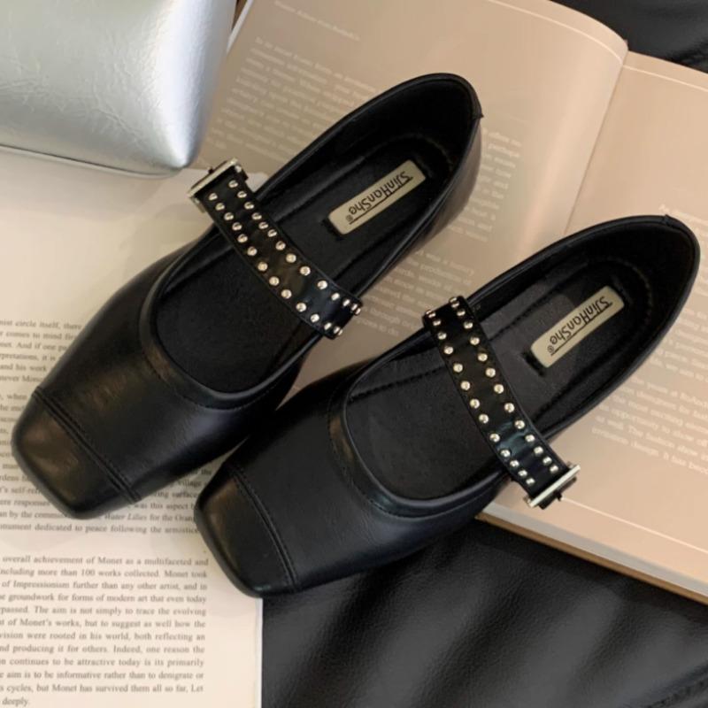 

Fashion Spring New Flat Shoes Women s Fashion Square Head Shallow Mouth Rivets Line with Soft Sole Non-slip Single Shoes 40 чёрный