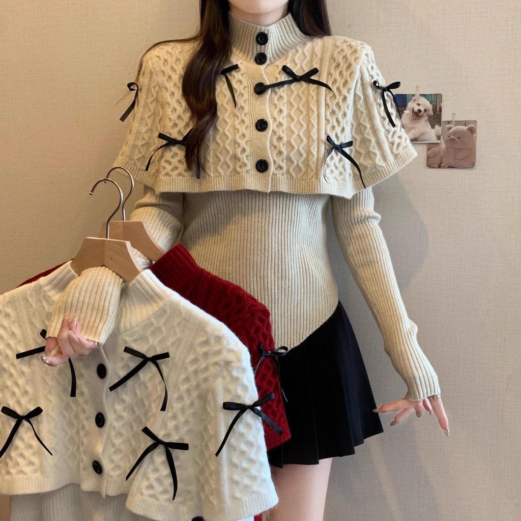 Women's Christmas Red Knitted Sweater: Half High Neck, Long Sleeve Cape Shawl for 2025 Autumn