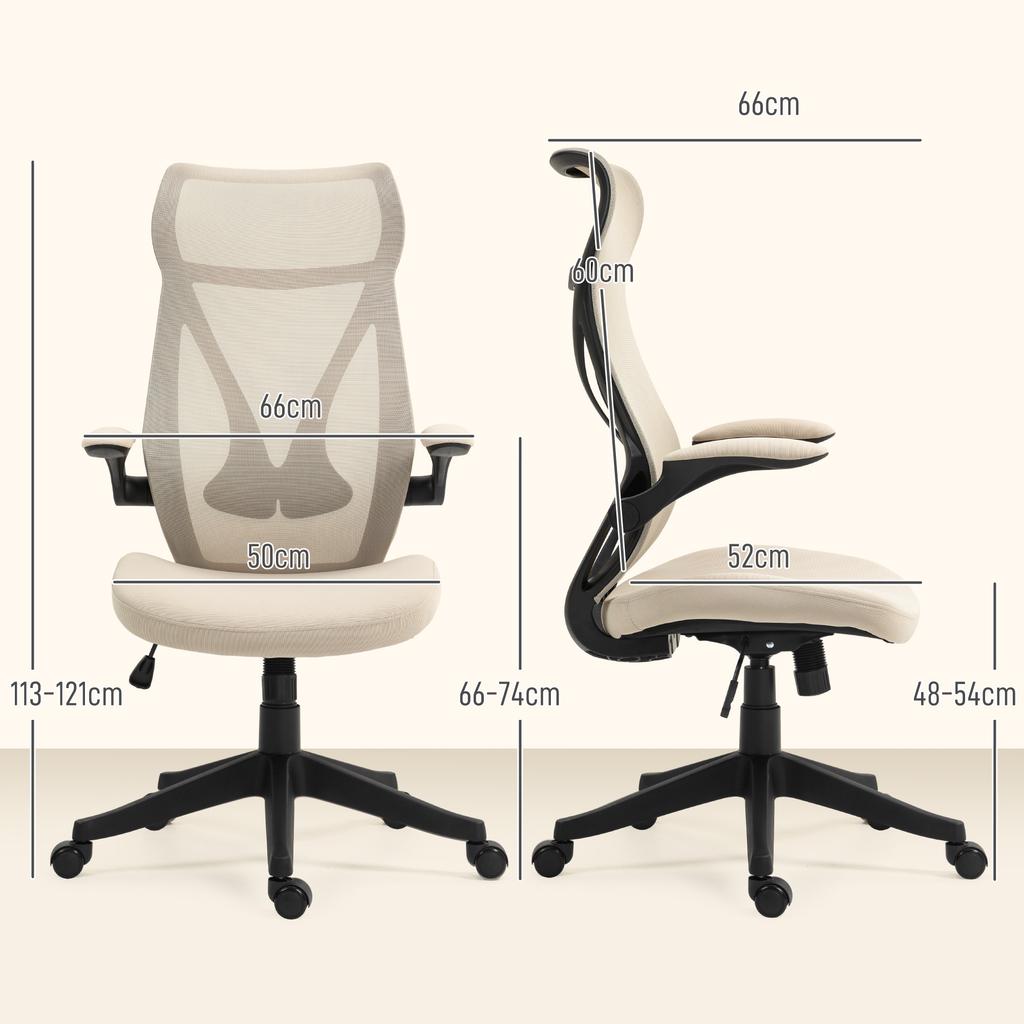 Office Chair with Flip-Up Armrests, Adjustable Height and Tiltable Backrest, Beige