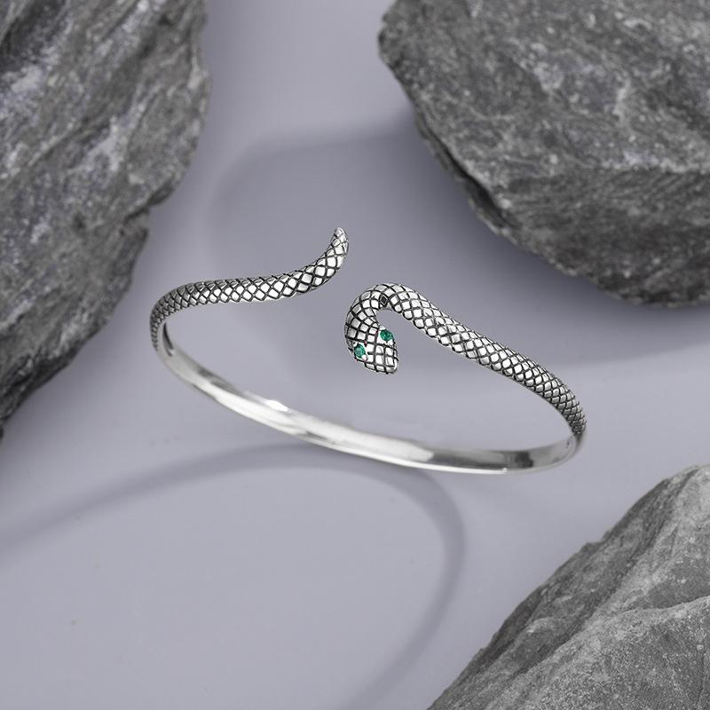 Retro Vintage Snake Bangle 925 Sterling Silver Jewelry Green-Eyed Stone Personality Animal Opening Bracelets TYB641