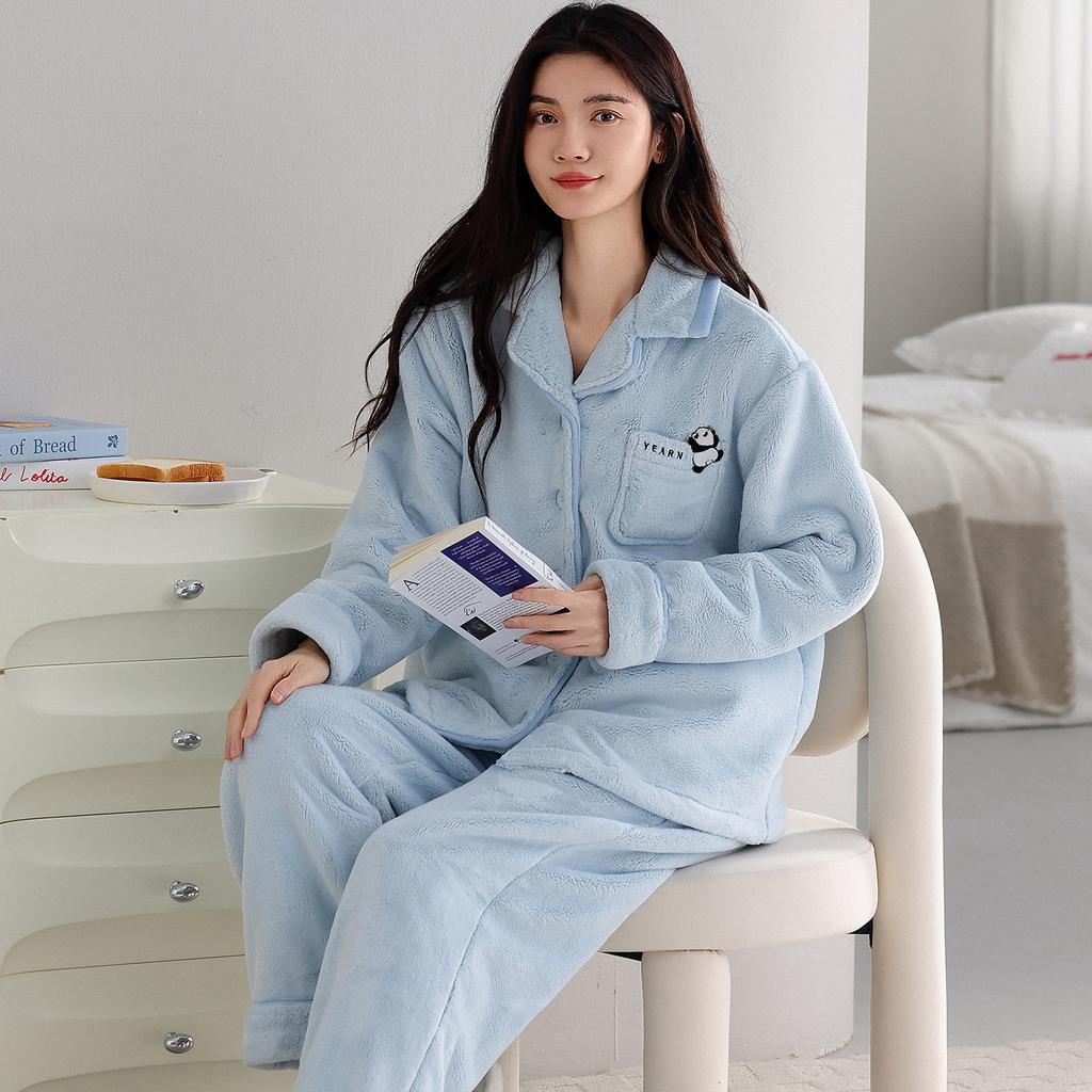 Coral Fleece Pajamas Women'S Autumn And Winter Winter Fleece Warm Suit Flannel Thickened Loungewear