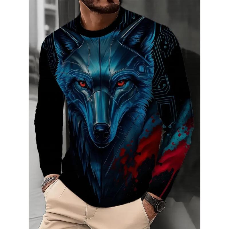 Herren Herbst und Winter 3D Tiger Wolf Print Rundhals Langarm T-Shirt