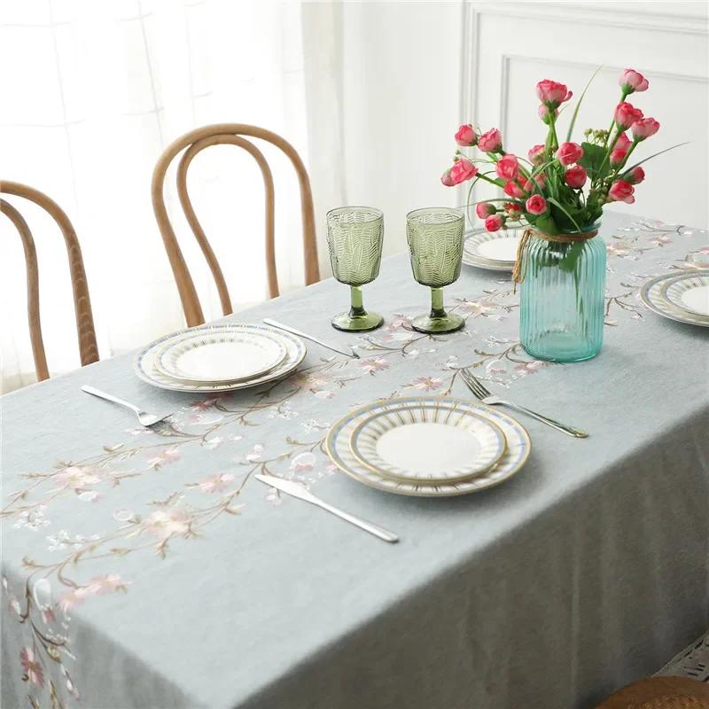Floral Embroidery Tassel Tablecloth, Cotton Linen, Dust Proof Table Cover, Kitchen, Dining Room,Home Party, Tabletop Decor