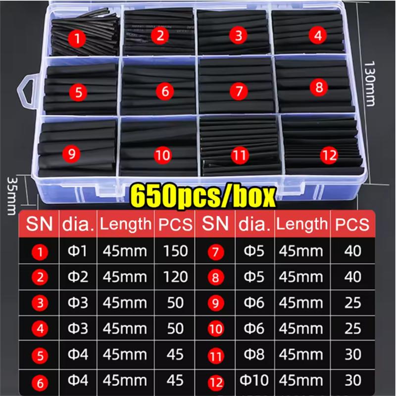 Black Heat Shrink Tube Kit Thermoresistant Tubing Shrink Wire Wrapping Electrical Connection Cable Insulation Sleeves Protecter