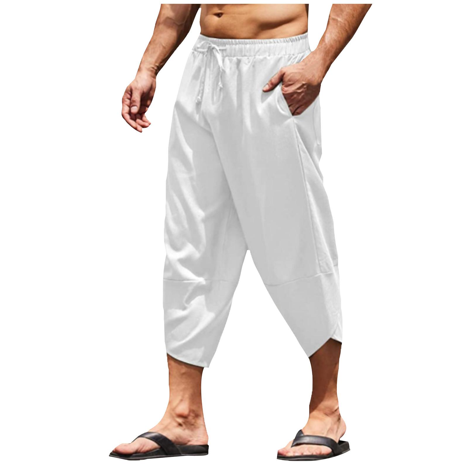 

Мужские однотонные свободные капри из хлопка и льна с шнурком, повседневные шорты L белый