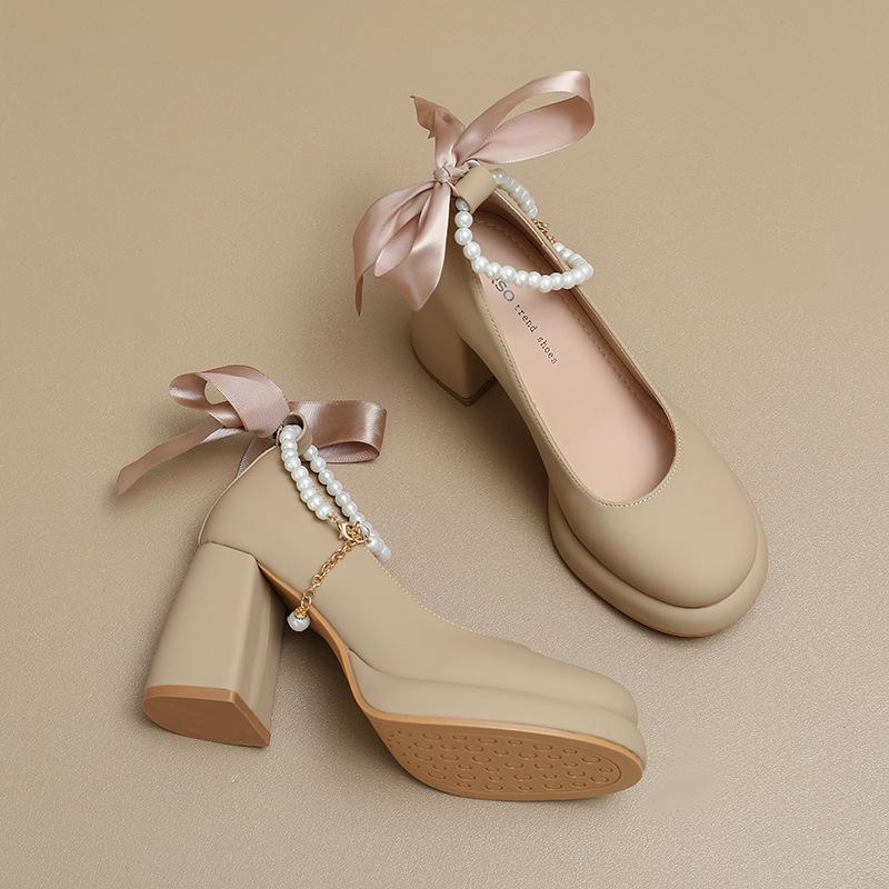 Buty Mary Jane damskie wiosna 2025 nowe kokarda perła pasek jednowyrazowy wysokie obcasy styl wróżkowy gruby obcas pojedyncze buty