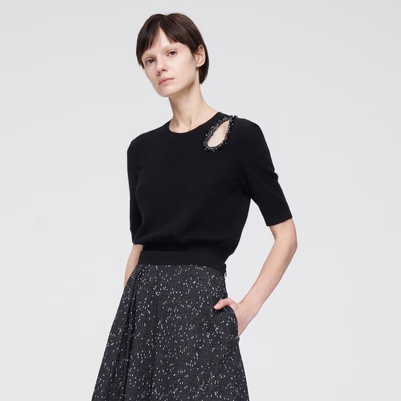ELLASSAY Women s Waterdrop Hollow-Out Round Neck Knit Top M
