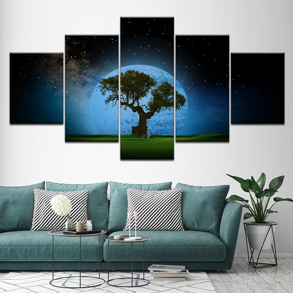 Canvas Painting Lucky Tree with Moon Star Sky Landscape 5 Pieces Wall Art Painting Modular Wallpapers Poster Print Home Decor