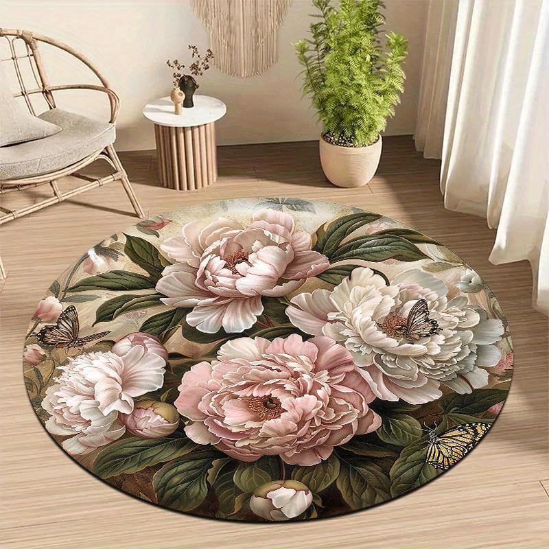 Tappeto Rotondo Floreale Vintage di Lusso Tappetino Decorativo Morbido Antiscivolo Tappeto con Stampa 2D Peonia Farfalla per Ingresso Decorazione Casa Regalo