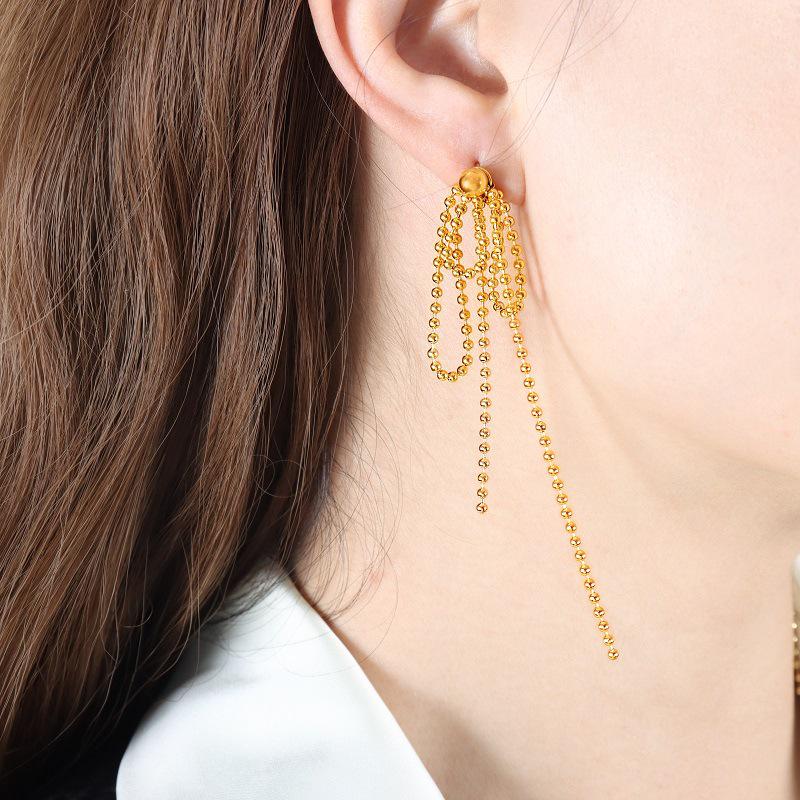

French Retro Tassel Bead Chain Earrings - Titanium Steel Light Luxury Dangle for Cool Girl