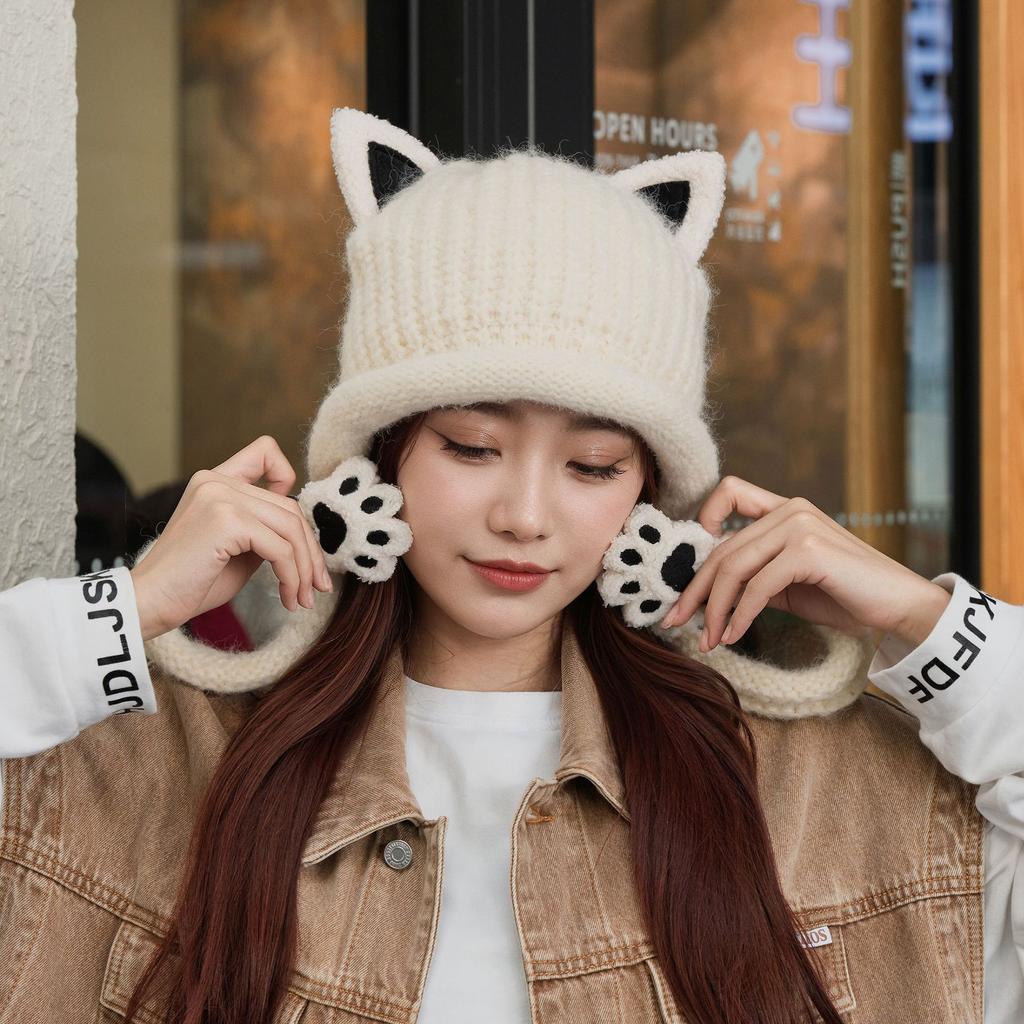 New cat ear knitted wool hat women's autumn and winter cold and warm ear protection hat casual versatile cute cat claw big head circumference