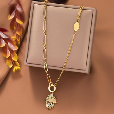 Evil Eye Fatima Hand Pendant Necklace For Women Gold Color Stainless Steel Clavicle Chains Vintage Turkish Eye Amulet Jewelry KTJ