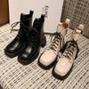 Krazing Pot Cow Leather Winter Shoes Thick Med Heels Handsome Lace Up British School Platform Women  Ankle Boots