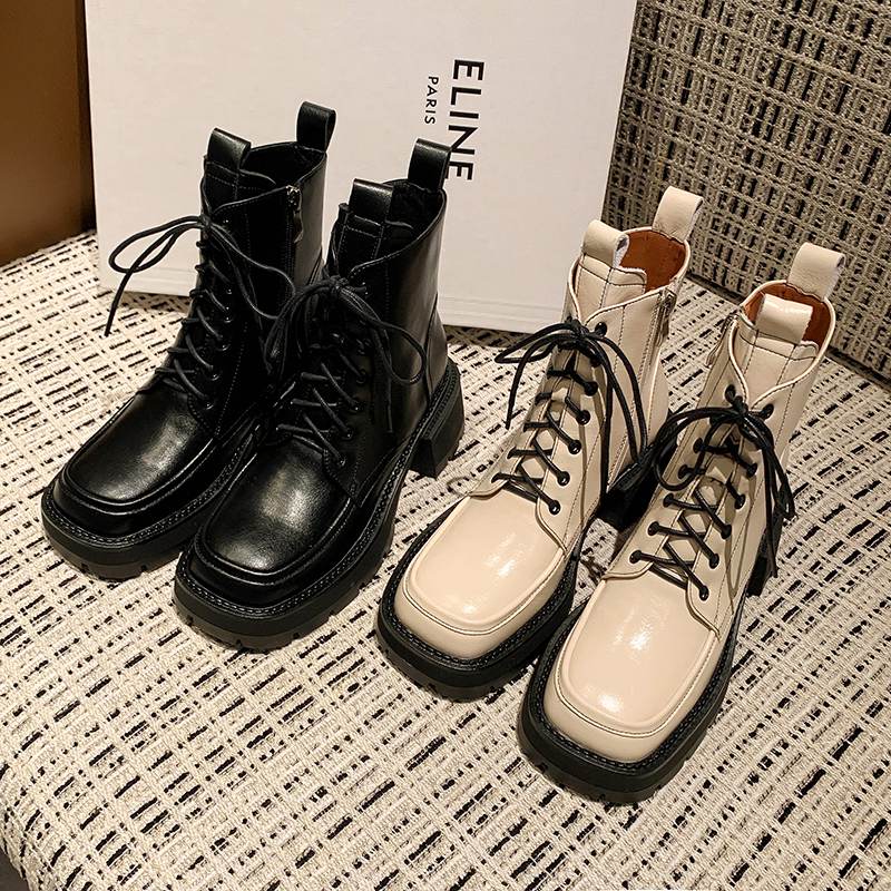 Krazing Pot Cow Leather Winter Shoes Thick Med Heels Handsome Lace Up British School Platform Women Ankle Boots