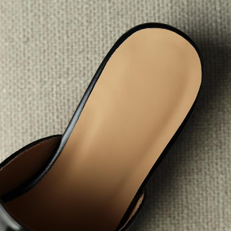Fashion Women's New Spring/Summer Round Head Metal Buckles with Genuine Leather Comfortable Mid Heel Baotou Muller Slippers 44 45 46