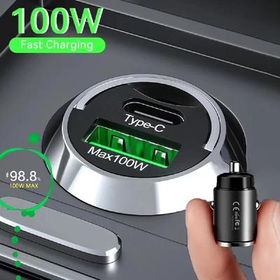 100W Mini Car Charger Fast Charging QC3.0 Type C USB PD Phone Quick Charger For iPhone Xiaomi Samsung Huawei Cigarette Lighter